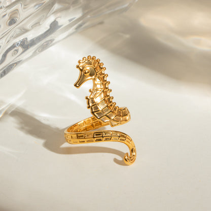 Ocean 18K Gold Stainless Steel Seahorse Opening Ring