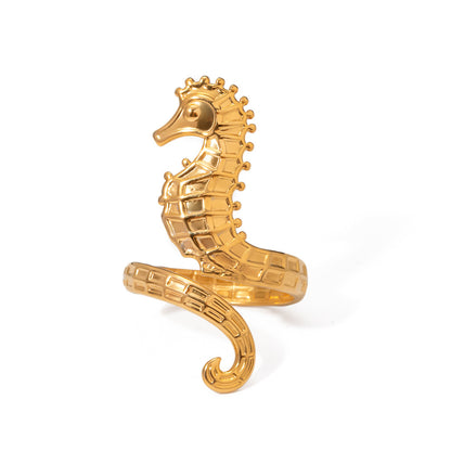 Ocean 18K Gold Stainless Steel Seahorse Opening Ring