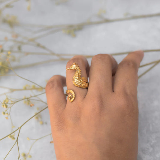 Ocean 18K Gold Stainless Steel Seahorse Opening Ring